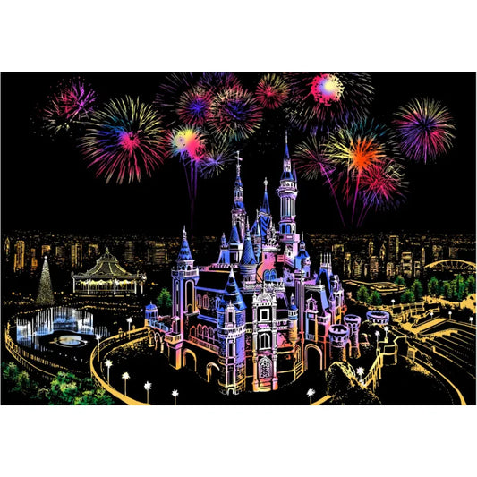 Dream Castle Night Scratch Art Kit – DIY Fairytale Landmark Reveal with Fireworks & Magical Skyline (40.5×28.5 cm with Tools)