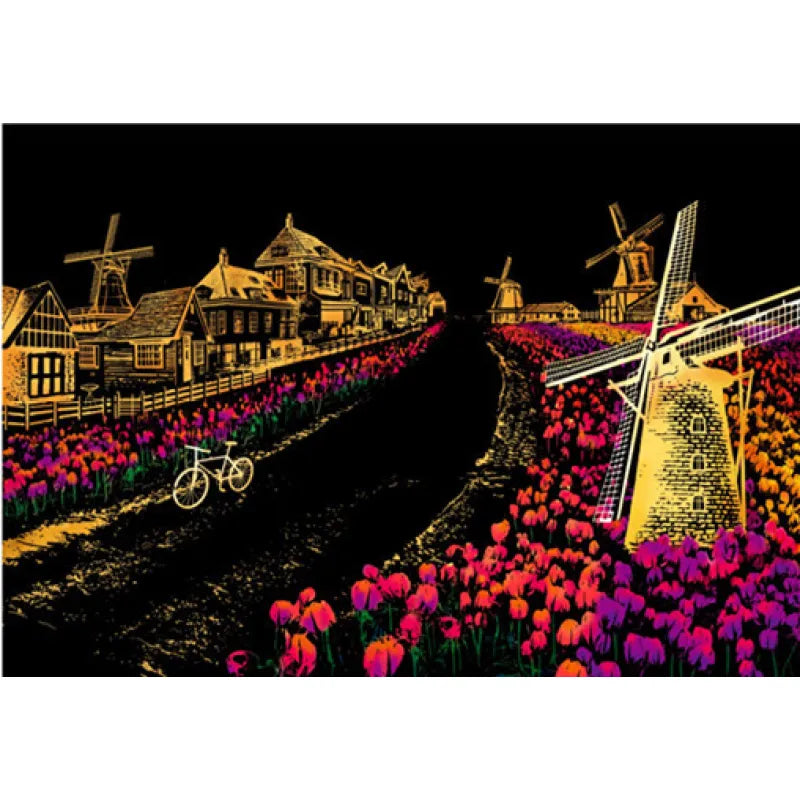Dutch Windmill Night Scratch Art Kit – DIY Tulip Field Landmark Reveal with Bicycle Path & Starry Sky (40.5×28.5 cm with Tools)