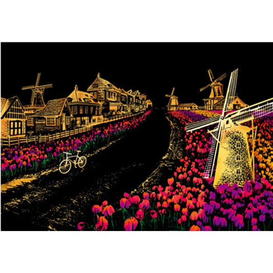 Dutch Windmill Night Scratch Art Kit – DIY Tulip Field Landmark Reveal with Bicycle Path & Starry Sky (40.5×28.5 cm with Tools)