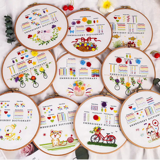 DIY Easy Embroidery Kit – Beginner‑Friendly Printed Pattern Set (18 Color Variations, Plastic or Bamboo Hoop)