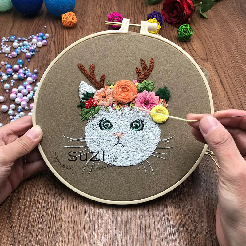 🐾 DIY Fabric Embroidery Kit – 4 Whimsical Cat Designs | Cotton & Linen Craft Set