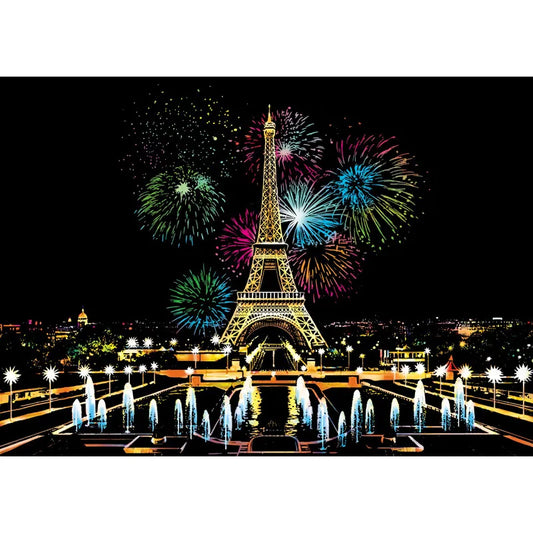 Paris Night Scratch Art Kit – DIY Eiffel Tower Reveal with Fireworks & Illuminated Fountains (40.5×28.5 cm with Tools)