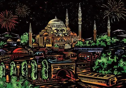 Istanbul Night Scratch Art Kit – DIY Cityscape Reveal with Hagia Sophia, Fireworks & LED Glow Effect (40.5×28.5 cm with Tools)