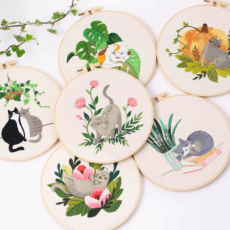Naughty Cat Embroidery DIY Kit – Playful Cross‑Stitch Set with Frame (6 Charming Cat Designs)