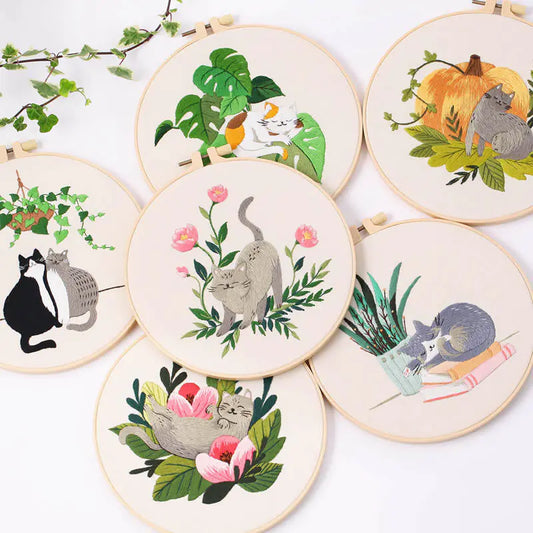 Naughty Cat Embroidery DIY Kit – Playful Cross‑Stitch Set with Frame (6 Charming Cat Designs)