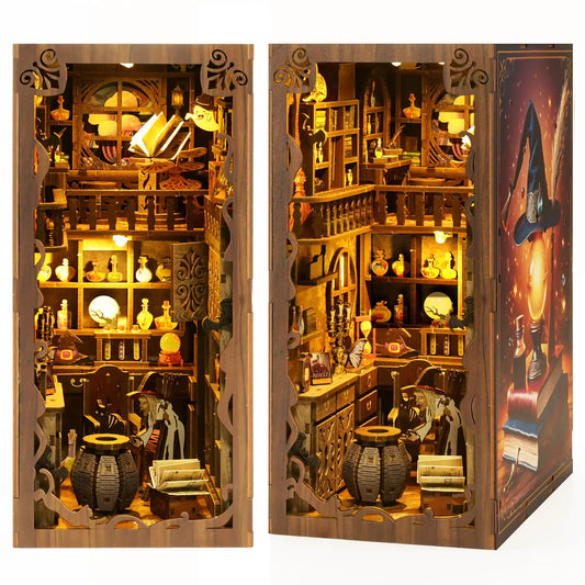 Mystical Mini Bookstore – DIY Wooden Puzzle Book Nook Kit with Sensor Light | THRIVINGIVAN Magic Fantasy Bookshelf Insert for Adults & Teens