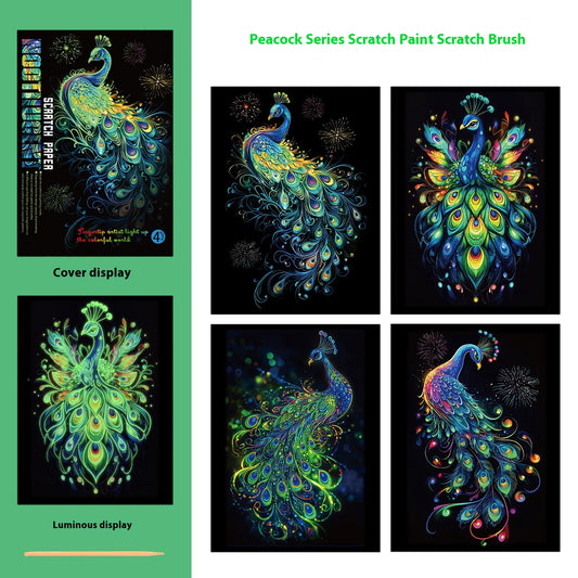 🪶 Peacock Series – Luminous Scratch Art (315 × 214 mm)