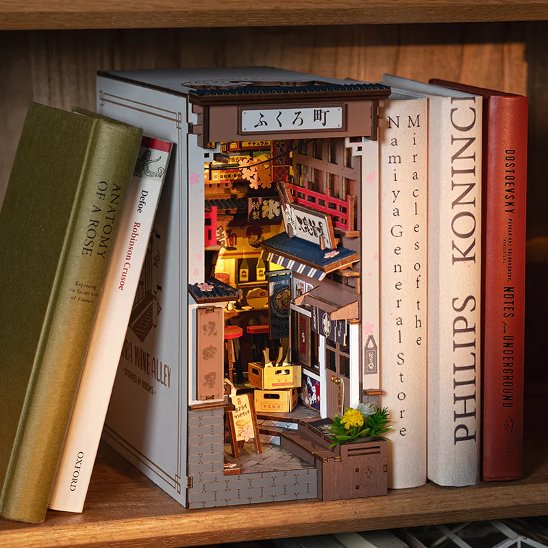 ROBOTIME Sakura Wine Alley Book Nook – DIY Japanese Lantern Street Puzzle Kit with LED Lights & Cherry Blossom Details