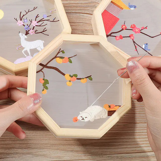 🪡 Chinese DIY Embroidery Kit – Elegant Cross‑Stitch Set with Wooden Hoop (5 Color Options)