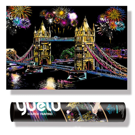 London Tower Bridge Night Scratch Art Kit – DIY Landmark Reveal with Fireworks & River Reflections (40.5×28.5 cm with Tools)