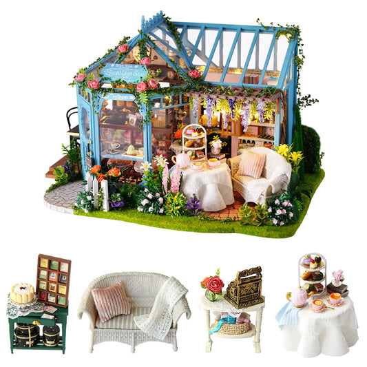 Rose Garden Tea House – DIY Miniature Villa Kit with LED Lights & Music Box (1:24 Scale)