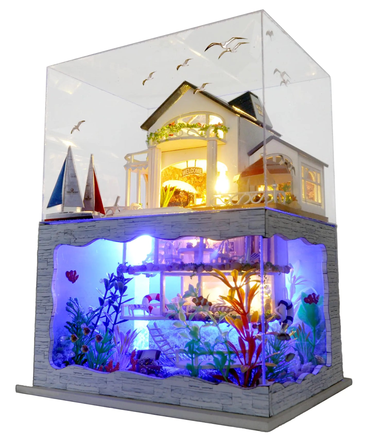 RHZN DIY Miniature Aquarium Dollhouse Kit – LED-Lit Underwater Scene for Adults & Teens