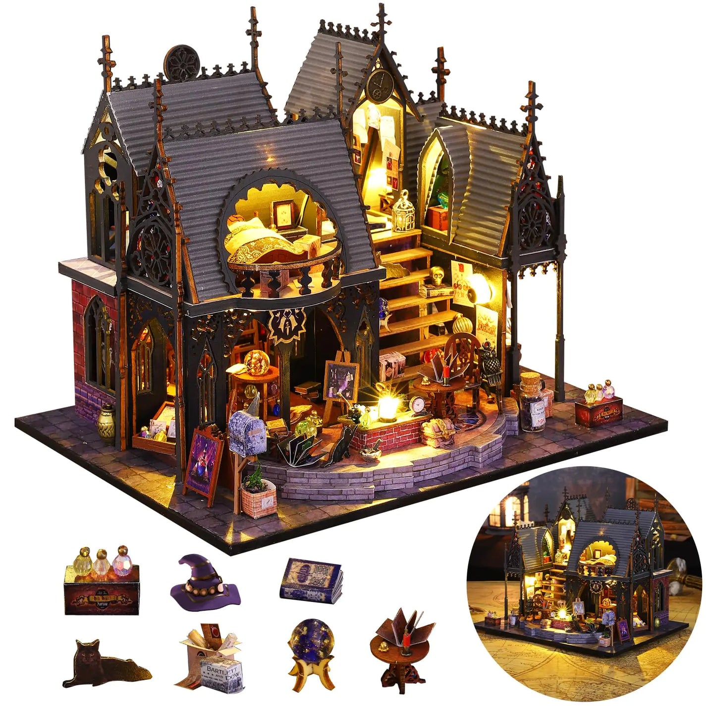 Luna’s Magic House – DIY Miniature Dollhouse Kit with LED Lights, Gothic Decor & Collectible Wizard Theme (9.4 x 7.5 x 7.9 in)