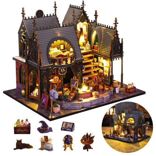 Luna’s Magic House – DIY Miniature Dollhouse Kit with LED Lights, Gothic Decor & Collectible Wizard Theme (9.4 x 7.5 x 7.9 in)