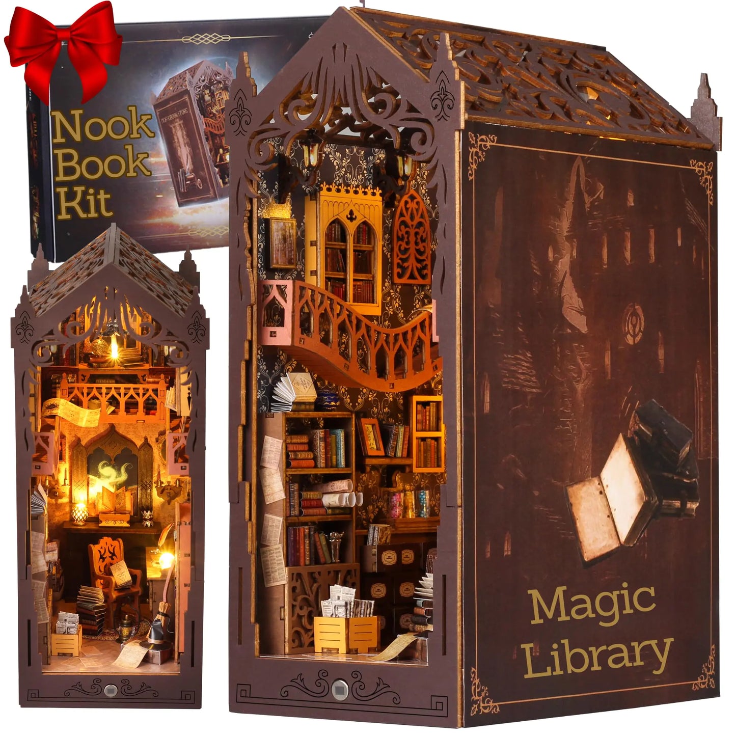 Magic Library Book Nook Kit – DIY Fantasy Bookshelf Diorama with LED Lights & Beginner‑Friendly Build (3D Wooden Puzzle for Adults & Teens)