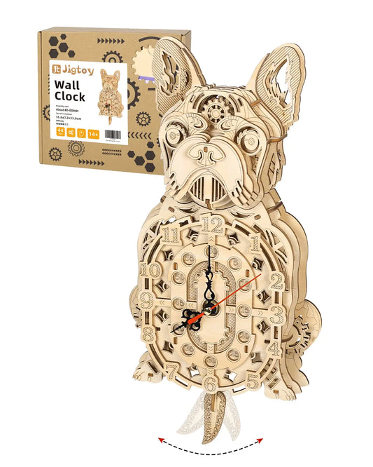 JigToy Kuka Bulldog Wall Clock – 3D Wooden Puzzle Kit (44‑Piece DIY Mechanical Timepiece, Rustic Modern Décor)