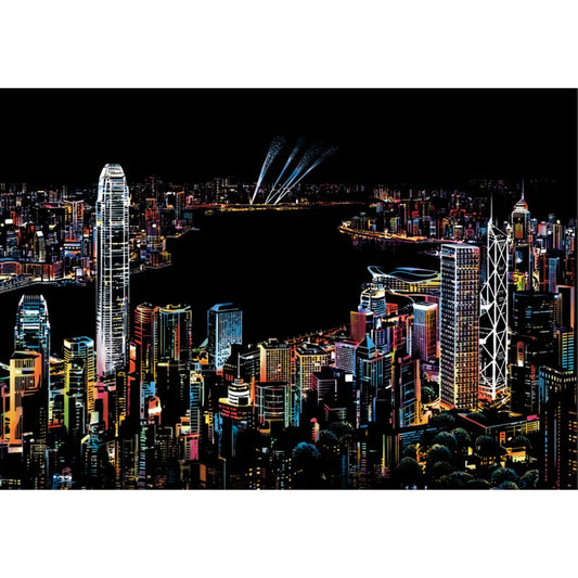 Victoria Harbour Night Scratch Art Kit – DIY Hong Kong Skyline Reveal with Neon Lights & Harbour Reflections (40.5×28.5 cm with Tools)