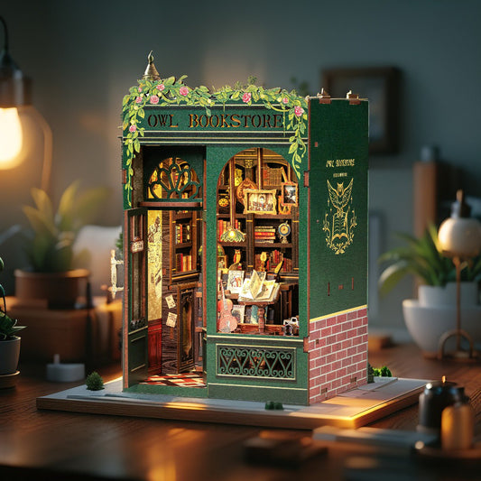 Owl Bookstore Book Nook Kit – DIY Miniature Renaissance Library with LED Lights & Classical Decor (CUTEBEE Wooden Puzzle for Beginners & Adults)