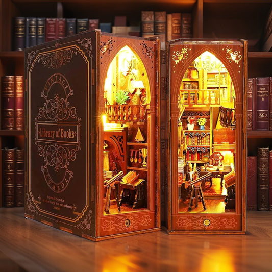 Funle Library Book Nook Kit – DIY Miniature Double‑Tower Library with Chandeliers, LED Lights & Wooden Bookshelf Insert (3D Puzzle for Adults & Teens)