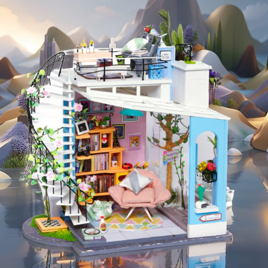 Makaron Rooftop in Dora – DIY Modern Miniature Loft & Terrace Garden Kit with Spiral Staircase & LED | Handcrafted Collectible for Adults