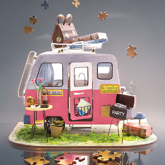 Lovely Escape – DIY Retro Camper Van Miniature Scene with Picnic Set & LED | Handcrafted Collectible for Adults