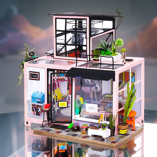 Sunny Lane Café – DIY Modern Miniature Coffee Shop Kit with Rooftop Garden & LED | Handcrafted Collectible for Adults