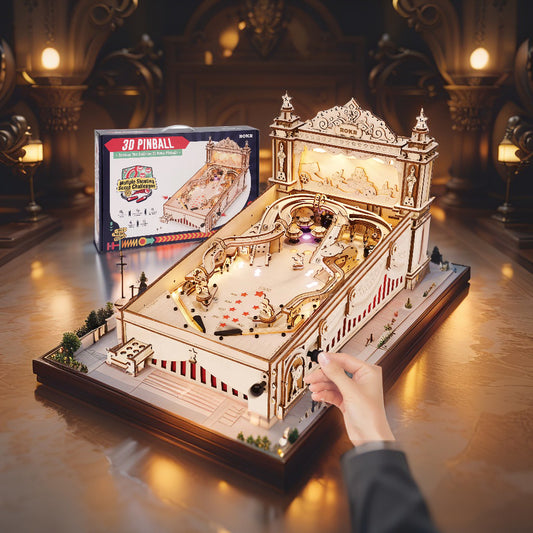 ROKR Miniature Pinball Machine – 3D Wooden Puzzle Kit with Lights, Sound & Tracks (12H Build Time)