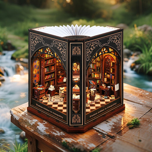 Classical Library DIY Book Nook Kit – Motion‑Sensor LED, Dual Power (USB‑C/AAA), 3‑in‑1 Nightlight, Bookend & Decorative Diorama