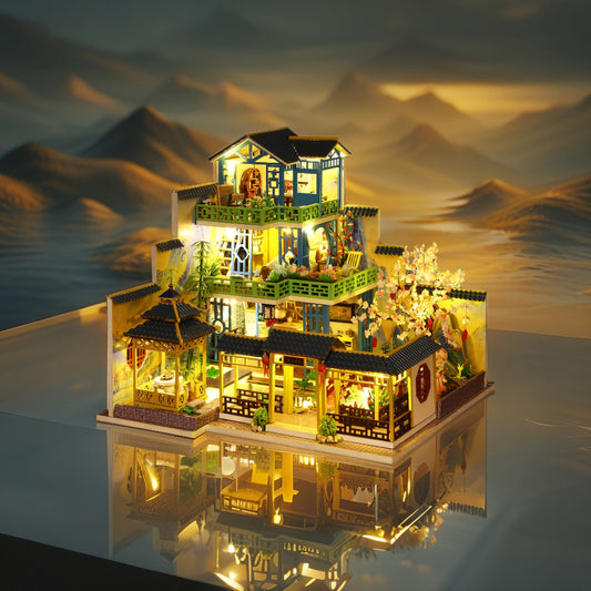Moonlight Pagoda Villa – DIY Miniature Castle Kit with LED Lights & Music Box (1:24 Scale)