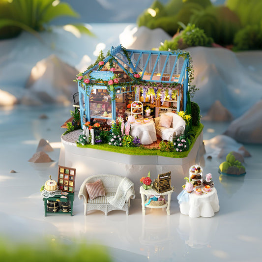Rose Garden Tea House – DIY Miniature Villa Kit with LED Lights & Music Box (1:24 Scale)