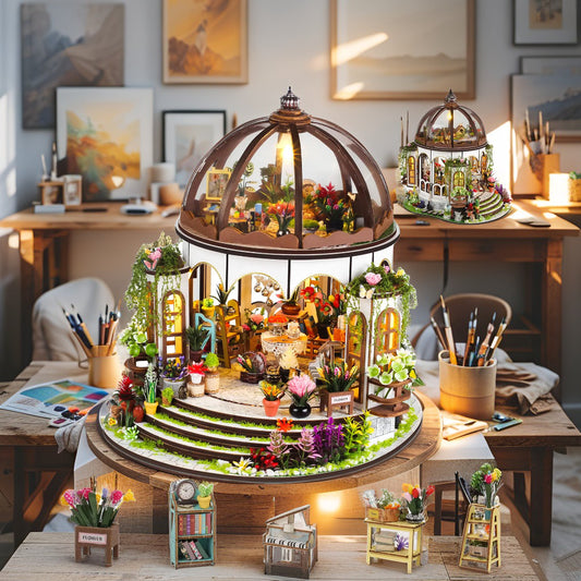 DIY Miniature Greenhouse Kit – The Hanging Garden with LED Lights, Piano & Butterfly Décor (9.4 x 7.5 x 7.9 in)