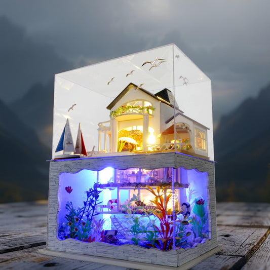 RHZN DIY Miniature Aquarium Dollhouse Kit – LED-Lit Underwater Scene for Adults & Teens
