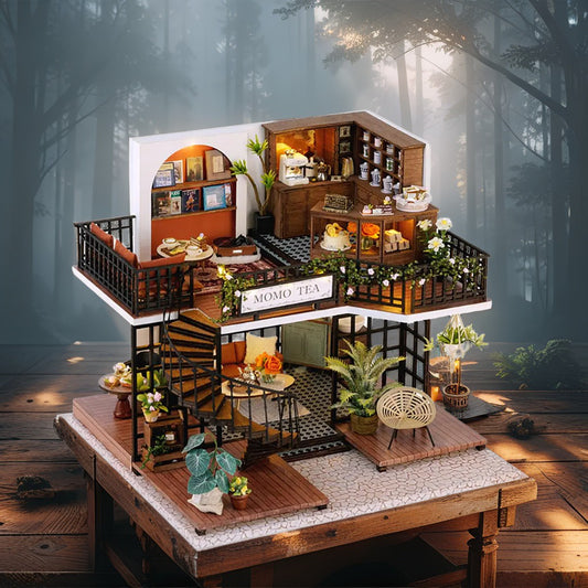 RHZN DIY Miniature Tea Shop Dollhouse Kit – MOMO TEA Café with LED Lights for Adults