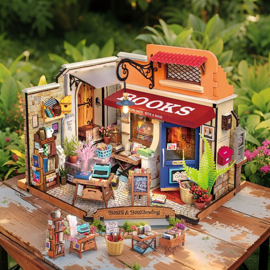Corner Bookstore DIY Miniature House KitRobotime Rolife Corner Bookstore DIY Miniature House Kit with LED – Literary-Themed Dollhouse for Adults