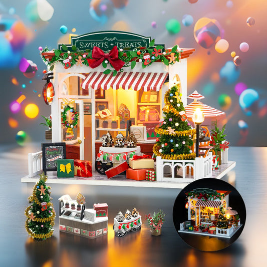 DIY Christmas Miniature House Kit – Holiday Treats Shop with LED & Dust Cover