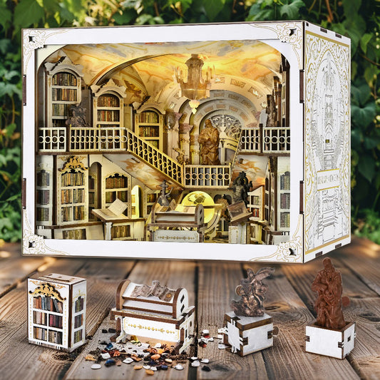 Library of Gods DIY Book Nook Kit – MiniCity 3D Wooden Puzzle with LED Lights & Dust Cover