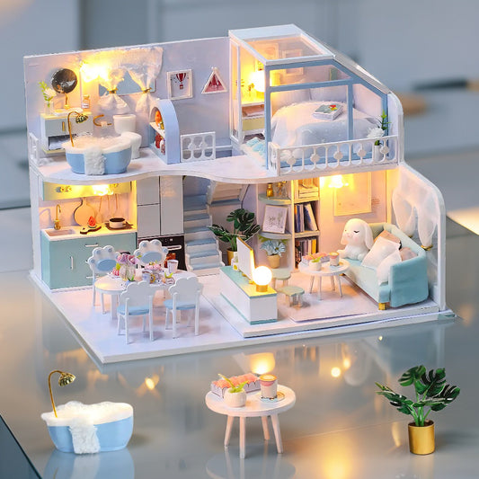 Blue Room DIY Miniature Dollhouse Kit – 3D Wooden Puzzle with Furniture & Accessories