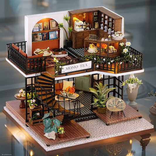 Forest Tea Shop DIY Miniature Dollhouse Kit – 3D Wooden Puzzle with LED Lights & Realistic Accessories
