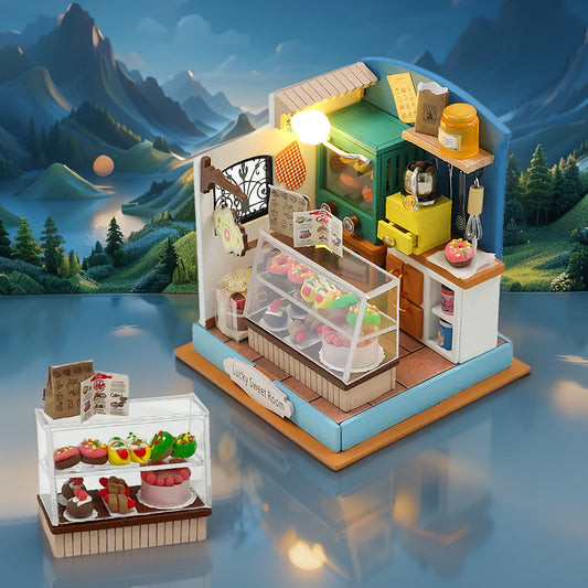 Blue Lucky Mini Bakery DIY Kit — Miniature Wooden Bakery with LED | Creative Escapes