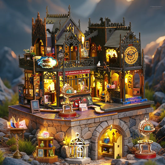 DIY Fantasy Miniature House Kit – Holo Magic City with Dust Cover, Tools & Illuminated Details (1:24 Scale)