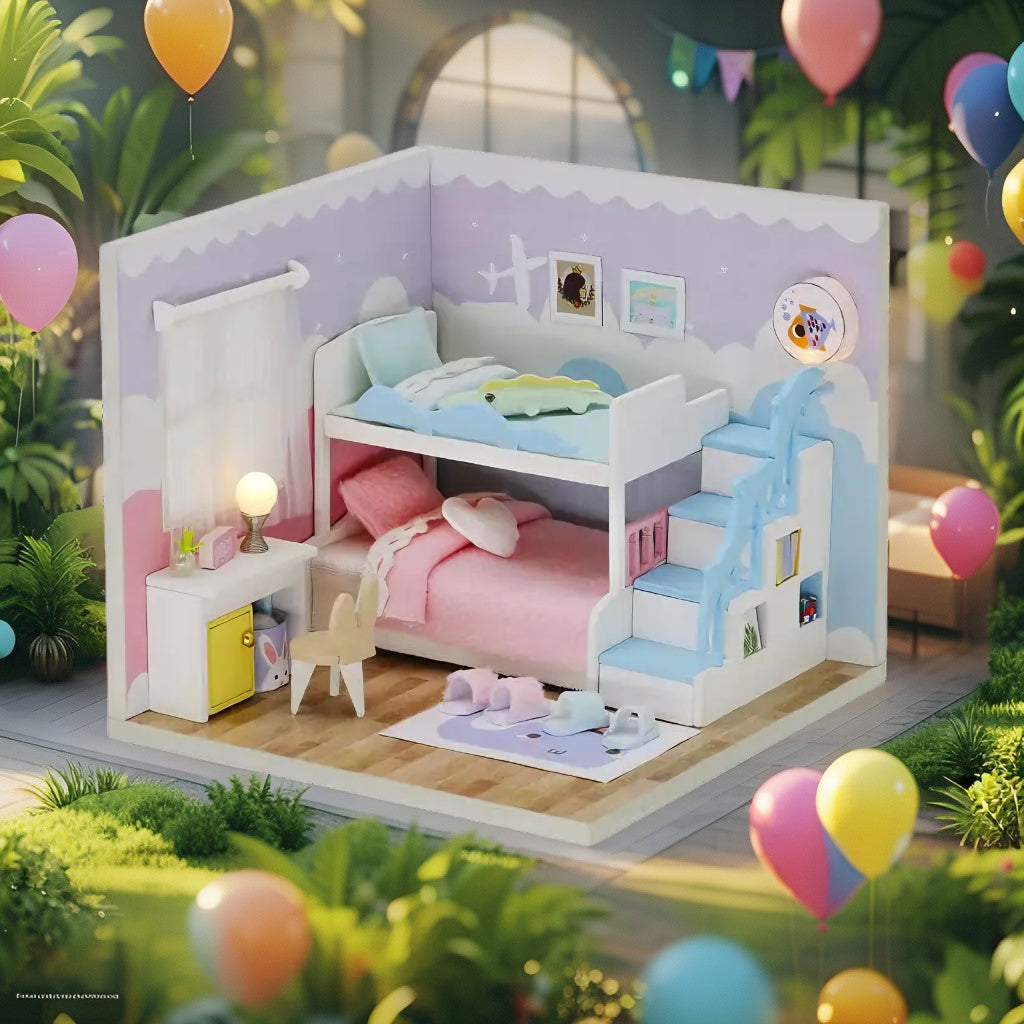 Pastel Bunk Bedroom | DIY Miniature Room Kit with Dust Cover & LED