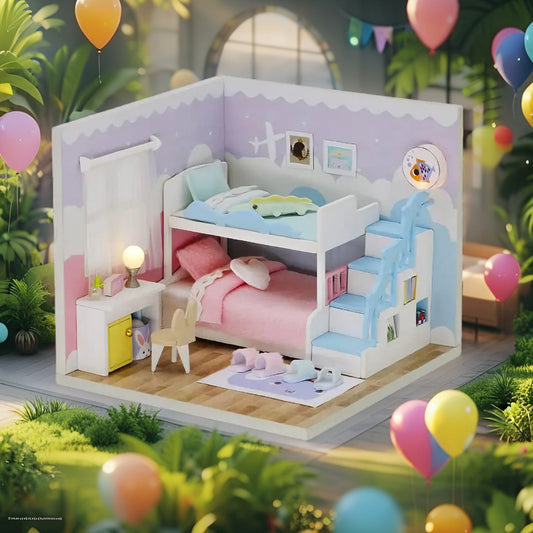 Pastel Bunk Bedroom | DIY Miniature Room Kit with Dust Cover & LED