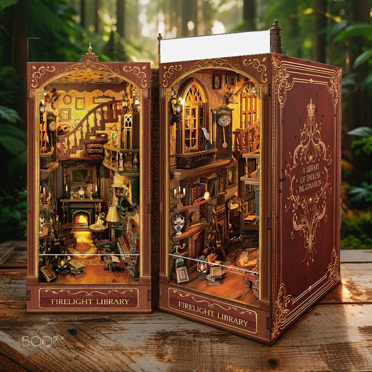 Firelight Library DIY Book Nook | Cozy Fireplace Miniature Kit with Dust Cover