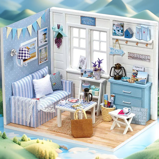Coastal Living Room DIY Miniature Kit | Beach House with LED Lights