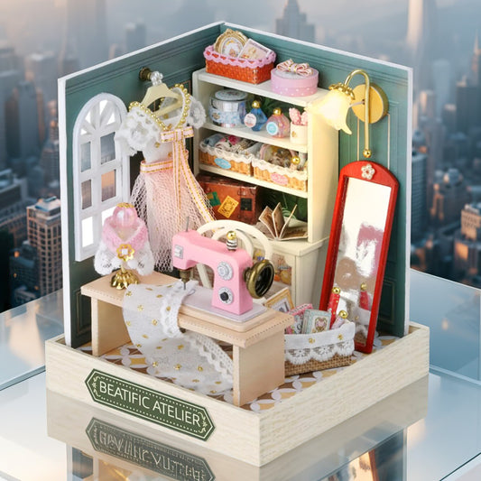 Beatific Atelier DIY Miniature Kit | Vintage Sewing Room with Dust Cover