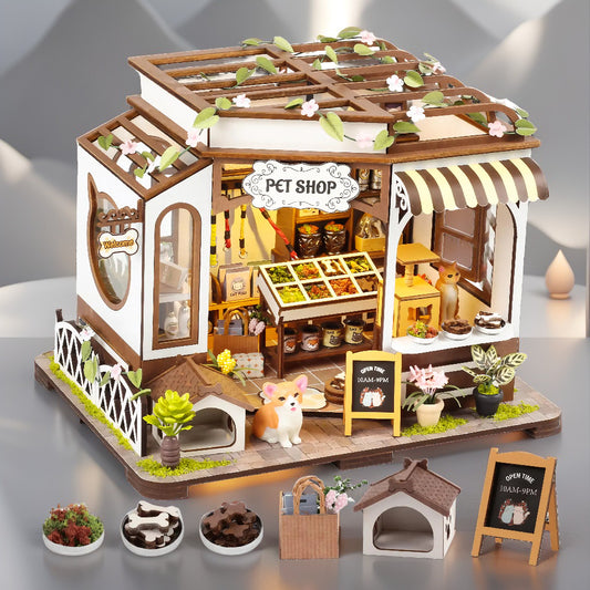 DIY Miniature Pet Shop Kit | Charming Wooden Diorama with LED Light