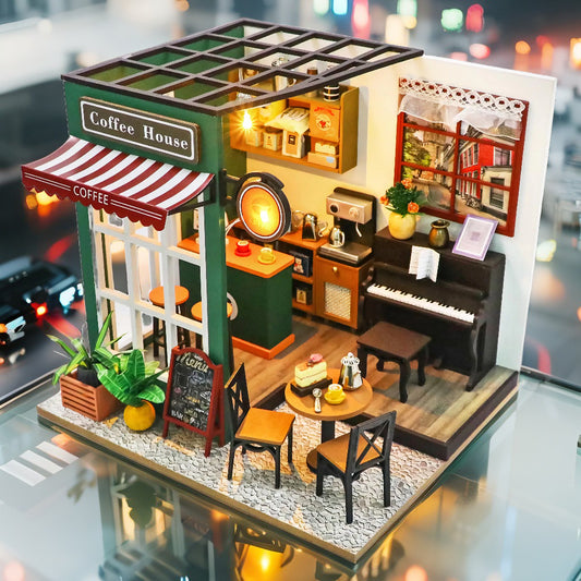 DIY Coffee House Miniature Kit | European Cafe with Piano & LED Lights