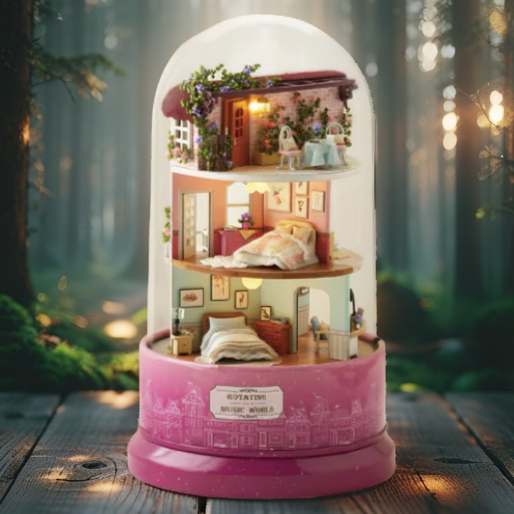 Whimsical Townhouse – Triple‑Level Rotating Music World with LED & Sound | Handcrafted Miniature Home Under Glass