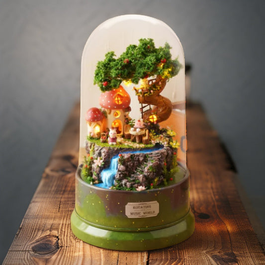 Enchanted Mushroom Village – Rotating Music World with LED & Sound | Handcrafted Miniature Under Glass