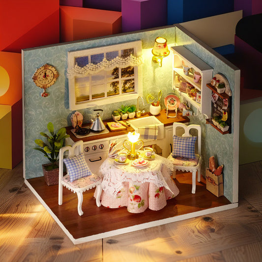 Sunlit Country Kitchen – DIY Miniature Kit with Lace & Light | Vintage‑Style Dollhouse Scene for Collectors